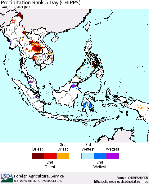 South East Asia Precipitation Rank since 1981, 5-Day (CHIRPS) Thematic Map For 8/1/2021 - 8/5/2021