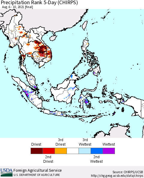 South East Asia Precipitation Rank since 1981, 5-Day (CHIRPS) Thematic Map For 8/6/2021 - 8/10/2021