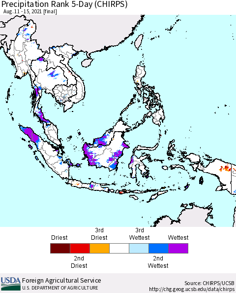 South East Asia Precipitation Rank since 1981, 5-Day (CHIRPS) Thematic Map For 8/11/2021 - 8/15/2021