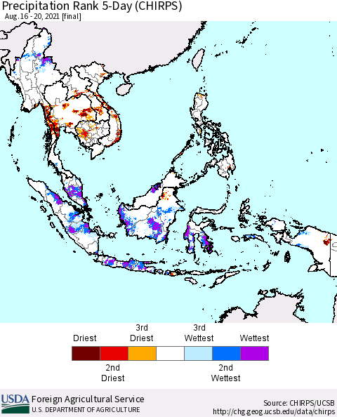 South East Asia Precipitation Rank since 1981, 5-Day (CHIRPS) Thematic Map For 8/16/2021 - 8/20/2021