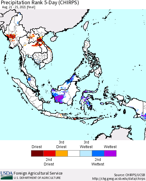 South East Asia Precipitation Rank since 1981, 5-Day (CHIRPS) Thematic Map For 8/21/2021 - 8/25/2021