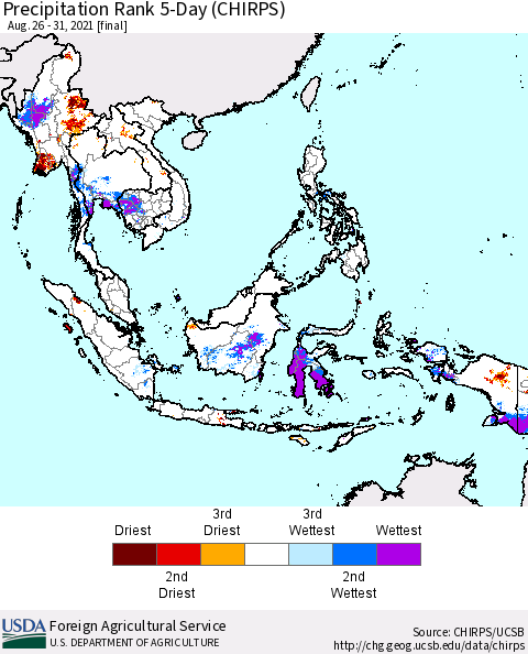 South East Asia Precipitation Rank since 1981, 5-Day (CHIRPS) Thematic Map For 8/26/2021 - 8/31/2021