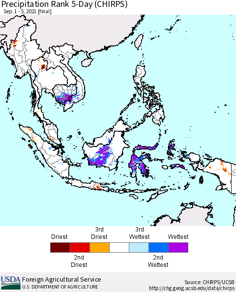 South East Asia Precipitation Rank since 1981, 5-Day (CHIRPS) Thematic Map For 9/1/2021 - 9/5/2021