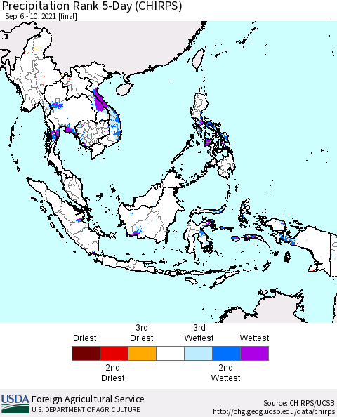 South East Asia Precipitation Rank since 1981, 5-Day (CHIRPS) Thematic Map For 9/6/2021 - 9/10/2021