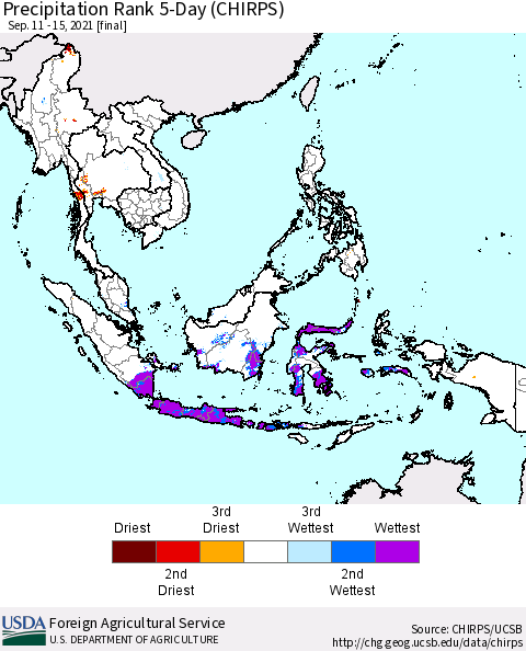 South East Asia Precipitation Rank since 1981, 5-Day (CHIRPS) Thematic Map For 9/11/2021 - 9/15/2021