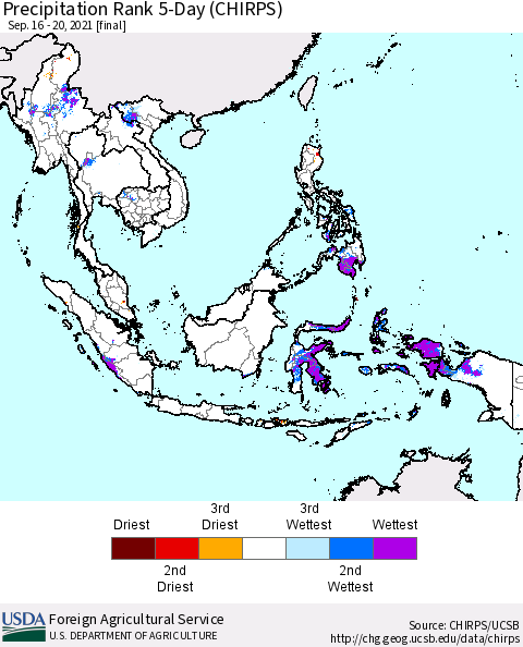 South East Asia Precipitation Rank since 1981, 5-Day (CHIRPS) Thematic Map For 9/16/2021 - 9/20/2021
