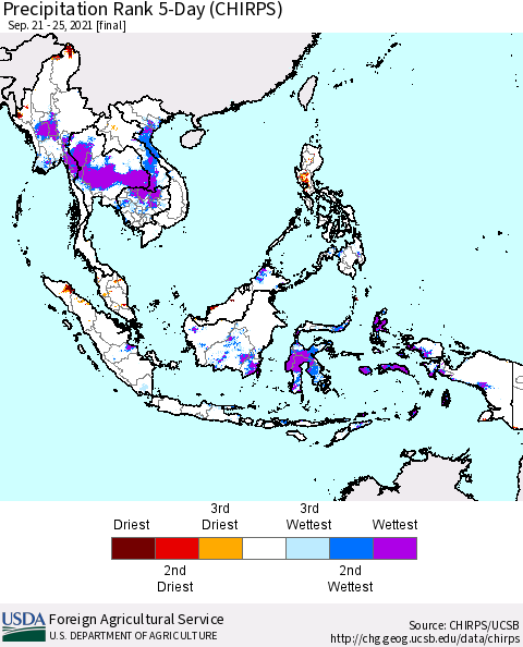 South East Asia Precipitation Rank since 1981, 5-Day (CHIRPS) Thematic Map For 9/21/2021 - 9/25/2021