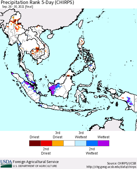 South East Asia Precipitation Rank since 1981, 5-Day (CHIRPS) Thematic Map For 9/26/2021 - 9/30/2021