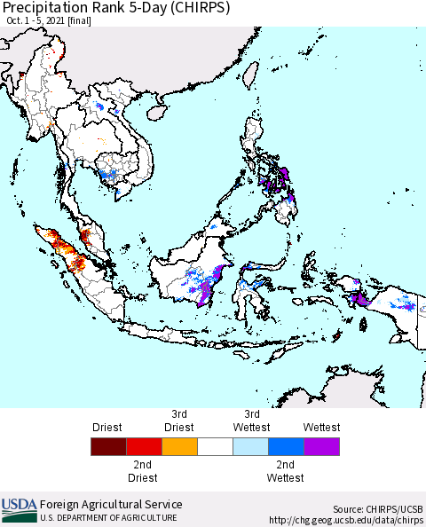 South East Asia Precipitation Rank since 1981, 5-Day (CHIRPS) Thematic Map For 10/1/2021 - 10/5/2021