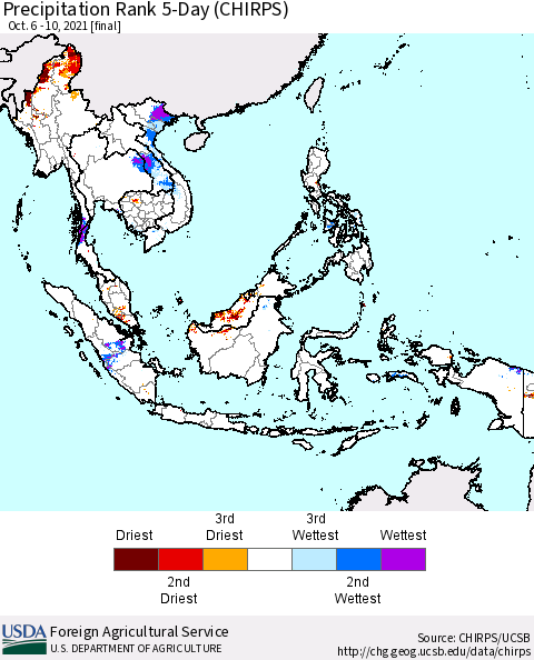 South East Asia Precipitation Rank since 1981, 5-Day (CHIRPS) Thematic Map For 10/6/2021 - 10/10/2021