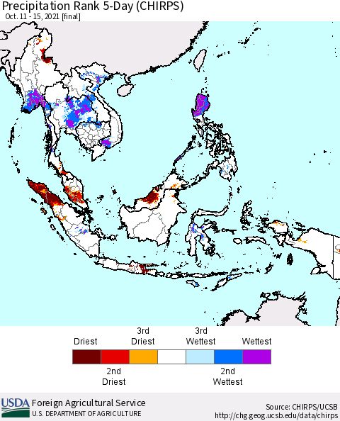 South East Asia Precipitation Rank since 1981, 5-Day (CHIRPS) Thematic Map For 10/11/2021 - 10/15/2021