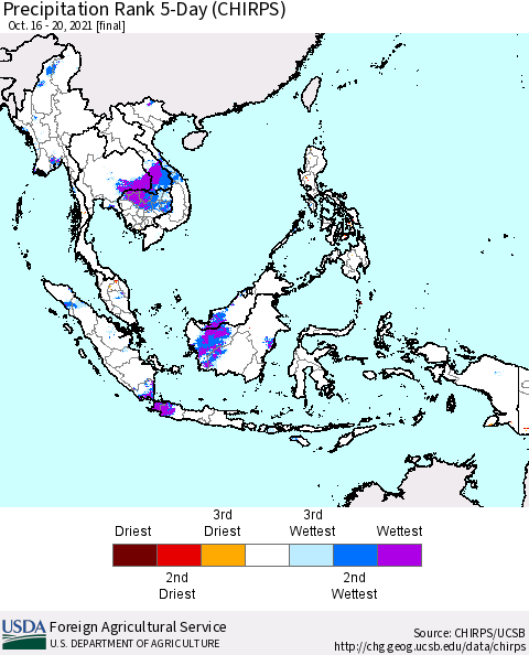 South East Asia Precipitation Rank since 1981, 5-Day (CHIRPS) Thematic Map For 10/16/2021 - 10/20/2021