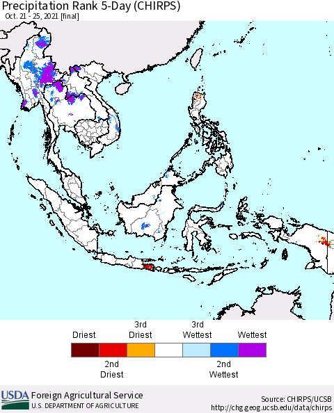 South East Asia Precipitation Rank since 1981, 5-Day (CHIRPS) Thematic Map For 10/21/2021 - 10/25/2021
