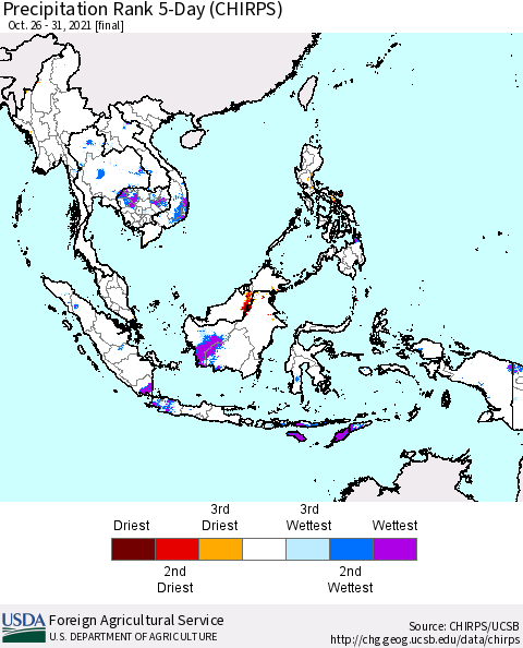 South East Asia Precipitation Rank since 1981, 5-Day (CHIRPS) Thematic Map For 10/26/2021 - 10/31/2021