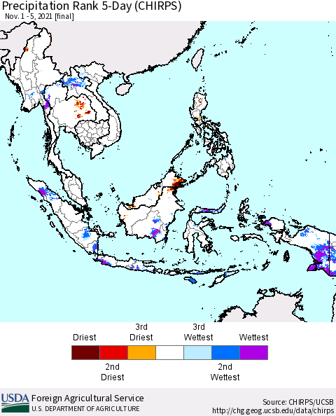 South East Asia Precipitation Rank since 1981, 5-Day (CHIRPS) Thematic Map For 11/1/2021 - 11/5/2021