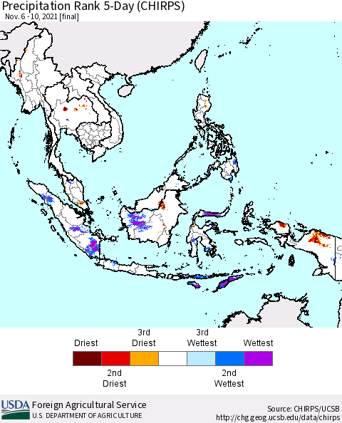 South East Asia Precipitation Rank since 1981, 5-Day (CHIRPS) Thematic Map For 11/6/2021 - 11/10/2021