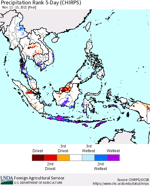 South East Asia Precipitation Rank since 1981, 5-Day (CHIRPS) Thematic Map For 11/11/2021 - 11/15/2021