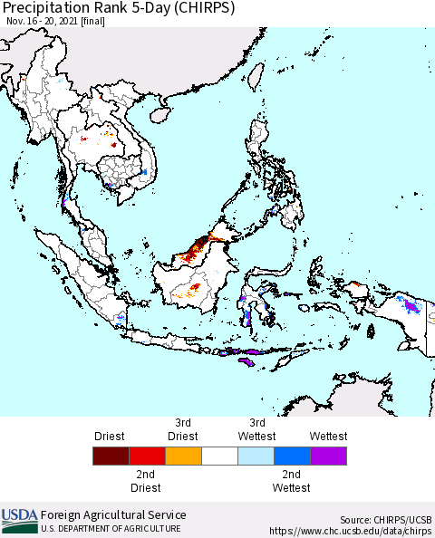South East Asia Precipitation Rank since 1981, 5-Day (CHIRPS) Thematic Map For 11/16/2021 - 11/20/2021