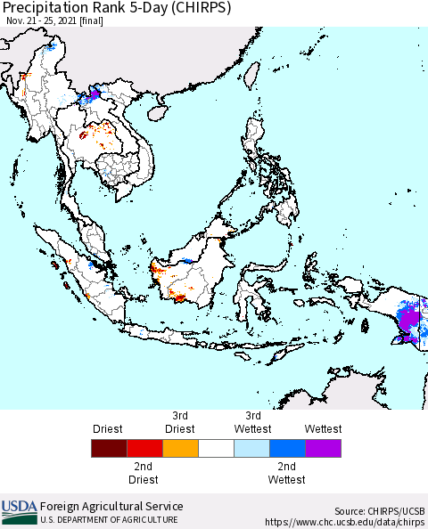 South East Asia Precipitation Rank since 1981, 5-Day (CHIRPS) Thematic Map For 11/21/2021 - 11/25/2021