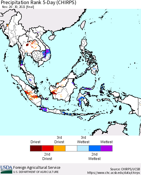 South East Asia Precipitation Rank since 1981, 5-Day (CHIRPS) Thematic Map For 11/26/2021 - 11/30/2021