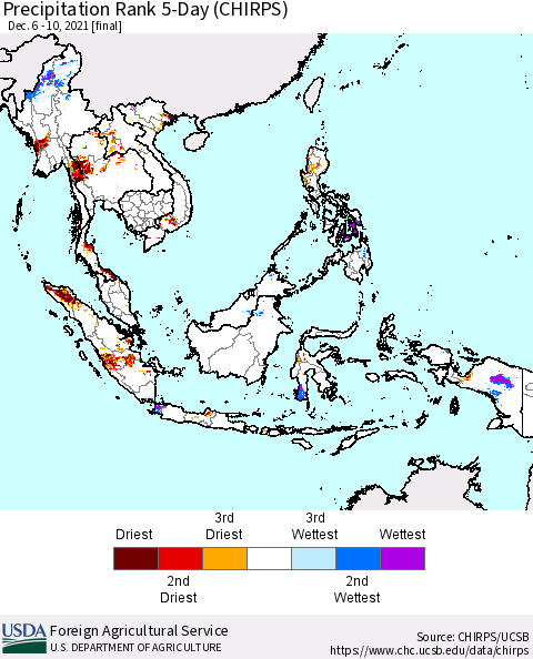 South East Asia Precipitation Rank since 1981, 5-Day (CHIRPS) Thematic Map For 12/6/2021 - 12/10/2021