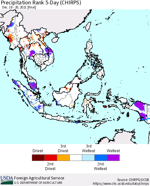 South East Asia Precipitation Rank since 1981, 5-Day (CHIRPS) Thematic Map For 12/16/2021 - 12/20/2021