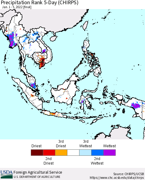 South East Asia Precipitation Rank since 1981, 5-Day (CHIRPS) Thematic Map For 1/1/2022 - 1/5/2022