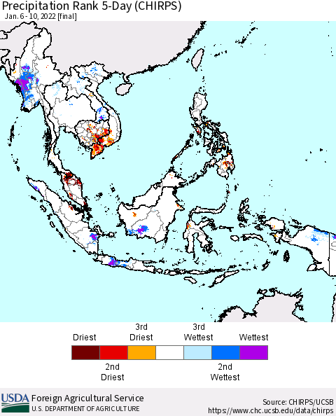 South East Asia Precipitation Rank since 1981, 5-Day (CHIRPS) Thematic Map For 1/6/2022 - 1/10/2022