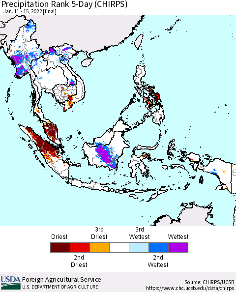 South East Asia Precipitation Rank since 1981, 5-Day (CHIRPS) Thematic Map For 1/11/2022 - 1/15/2022