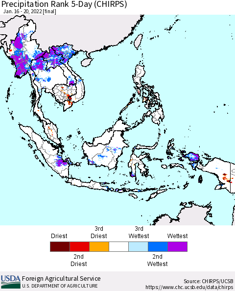 South East Asia Precipitation Rank since 1981, 5-Day (CHIRPS) Thematic Map For 1/16/2022 - 1/20/2022