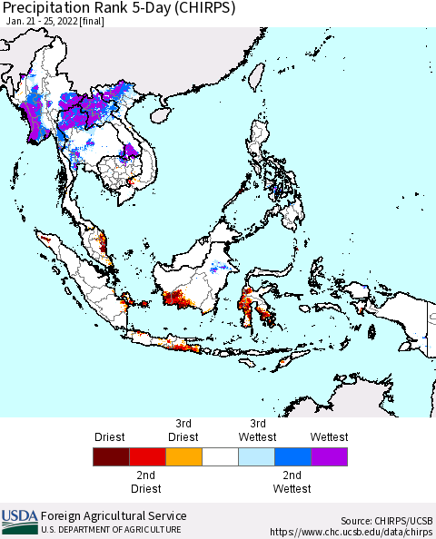 South East Asia Precipitation Rank since 1981, 5-Day (CHIRPS) Thematic Map For 1/21/2022 - 1/25/2022