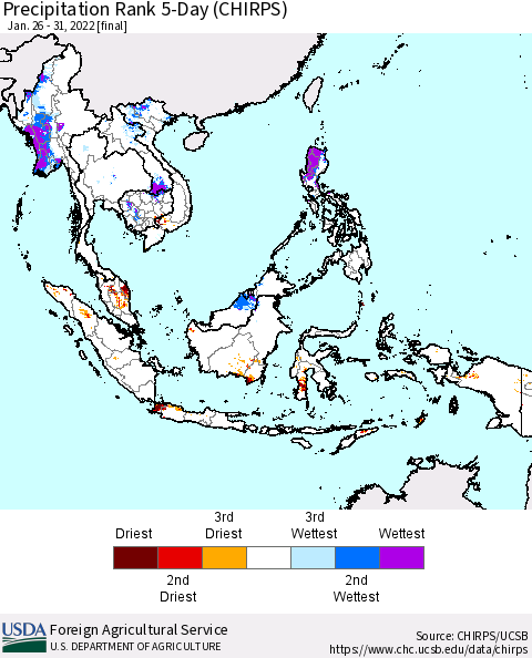 South East Asia Precipitation Rank since 1981, 5-Day (CHIRPS) Thematic Map For 1/26/2022 - 1/31/2022