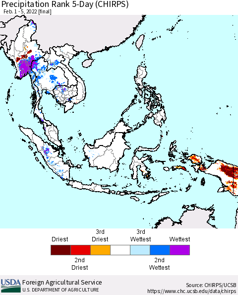 South East Asia Precipitation Rank since 1981, 5-Day (CHIRPS) Thematic Map For 2/1/2022 - 2/5/2022