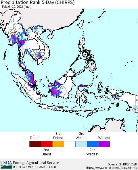 South East Asia Precipitation Rank since 1981, 5-Day (CHIRPS) Thematic Map For 2/6/2022 - 2/10/2022