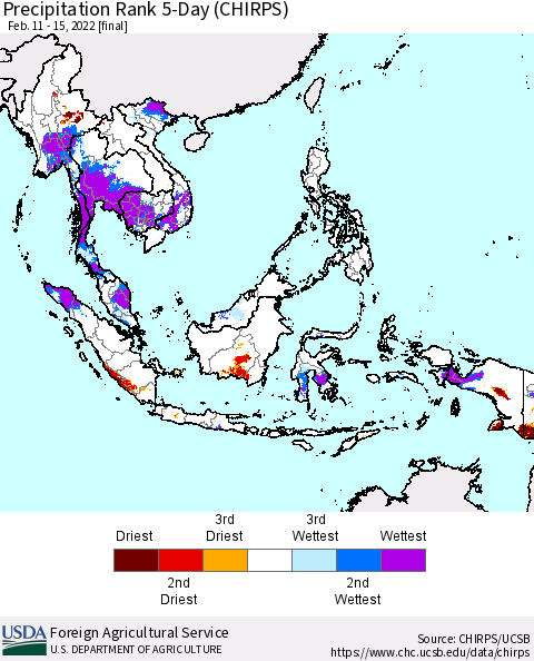 South East Asia Precipitation Rank since 1981, 5-Day (CHIRPS) Thematic Map For 2/11/2022 - 2/15/2022