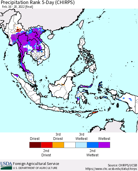 South East Asia Precipitation Rank since 1981, 5-Day (CHIRPS) Thematic Map For 2/16/2022 - 2/20/2022