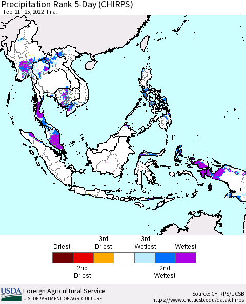 South East Asia Precipitation Rank since 1981, 5-Day (CHIRPS) Thematic Map For 2/21/2022 - 2/25/2022