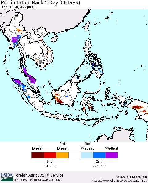 South East Asia Precipitation Rank since 1981, 5-Day (CHIRPS) Thematic Map For 2/26/2022 - 2/28/2022