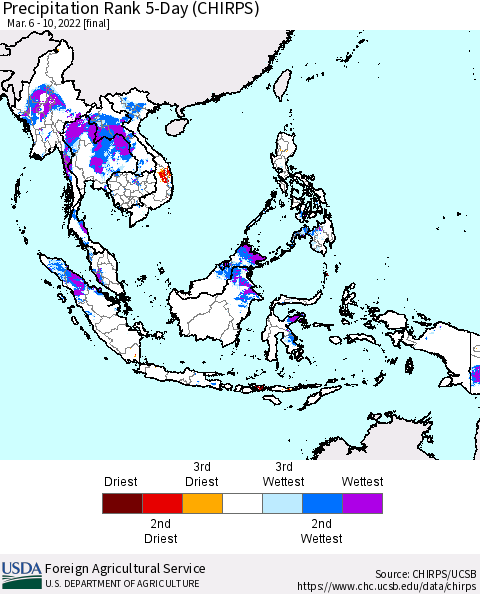 South East Asia Precipitation Rank since 1981, 5-Day (CHIRPS) Thematic Map For 3/6/2022 - 3/10/2022