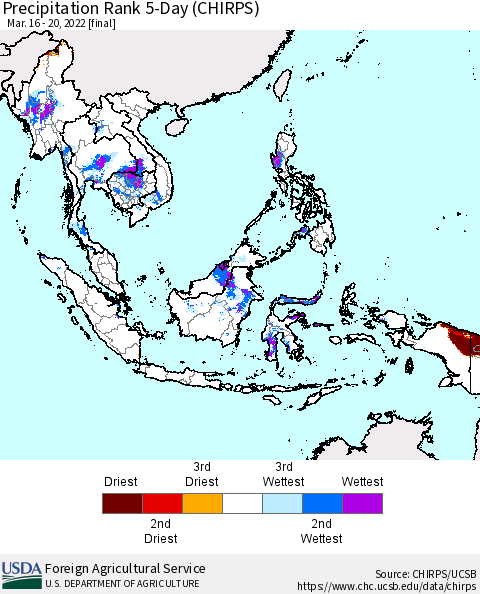 South East Asia Precipitation Rank since 1981, 5-Day (CHIRPS) Thematic Map For 3/16/2022 - 3/20/2022