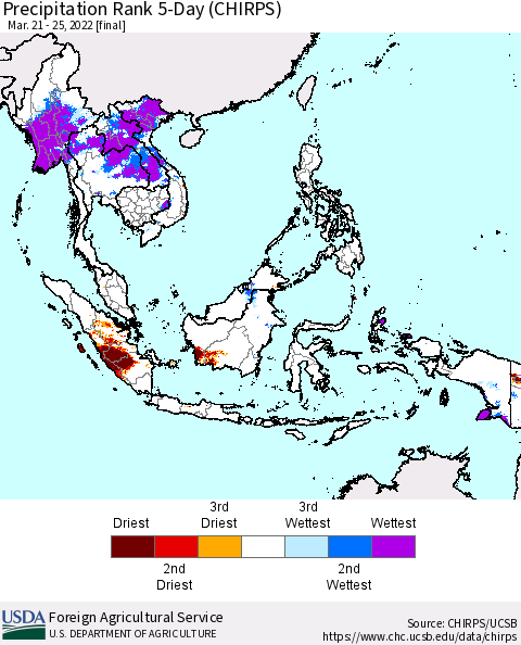 South East Asia Precipitation Rank since 1981, 5-Day (CHIRPS) Thematic Map For 3/21/2022 - 3/25/2022