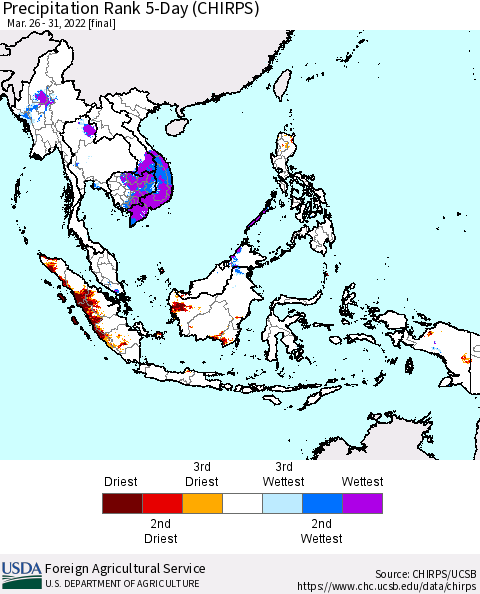 South East Asia Precipitation Rank since 1981, 5-Day (CHIRPS) Thematic Map For 3/26/2022 - 3/31/2022