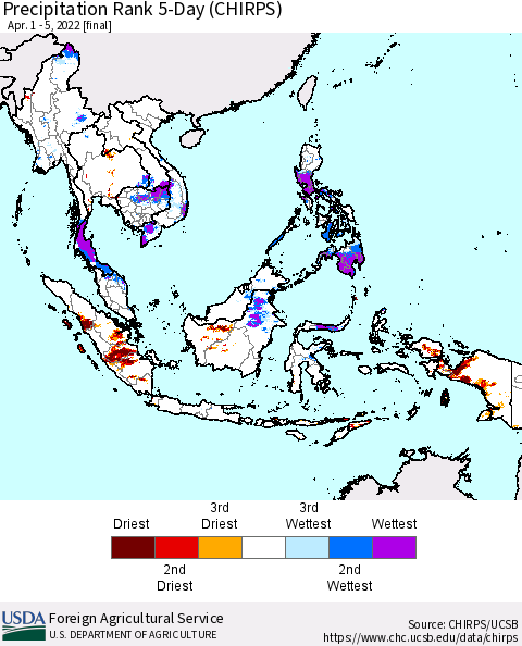 South East Asia Precipitation Rank since 1981, 5-Day (CHIRPS) Thematic Map For 4/1/2022 - 4/5/2022