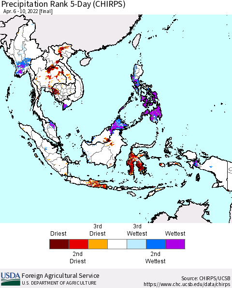 South East Asia Precipitation Rank since 1981, 5-Day (CHIRPS) Thematic Map For 4/6/2022 - 4/10/2022