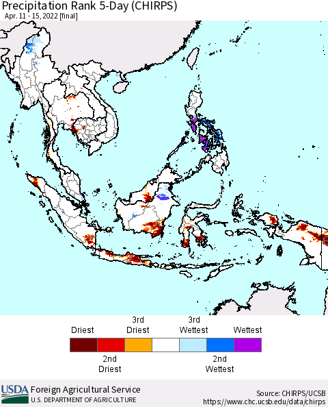 South East Asia Precipitation Rank since 1981, 5-Day (CHIRPS) Thematic Map For 4/11/2022 - 4/15/2022
