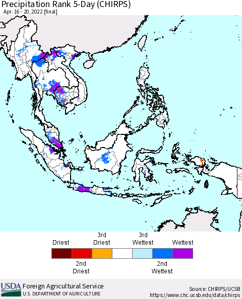 South East Asia Precipitation Rank since 1981, 5-Day (CHIRPS) Thematic Map For 4/16/2022 - 4/20/2022
