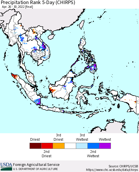 South East Asia Precipitation Rank since 1981, 5-Day (CHIRPS) Thematic Map For 4/26/2022 - 4/30/2022