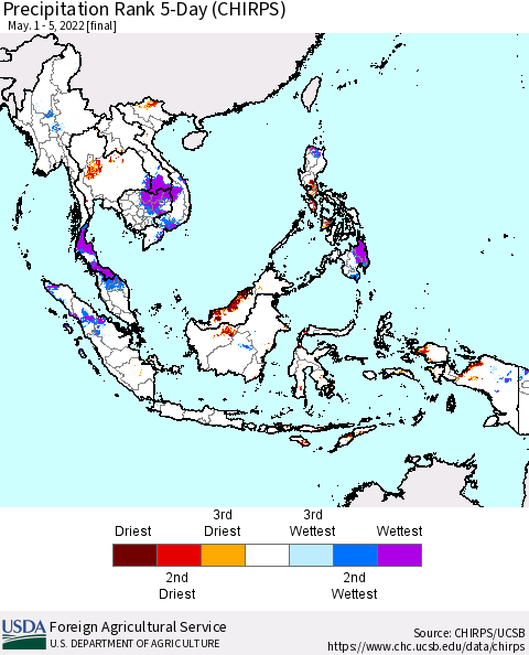 South East Asia Precipitation Rank since 1981, 5-Day (CHIRPS) Thematic Map For 5/1/2022 - 5/5/2022