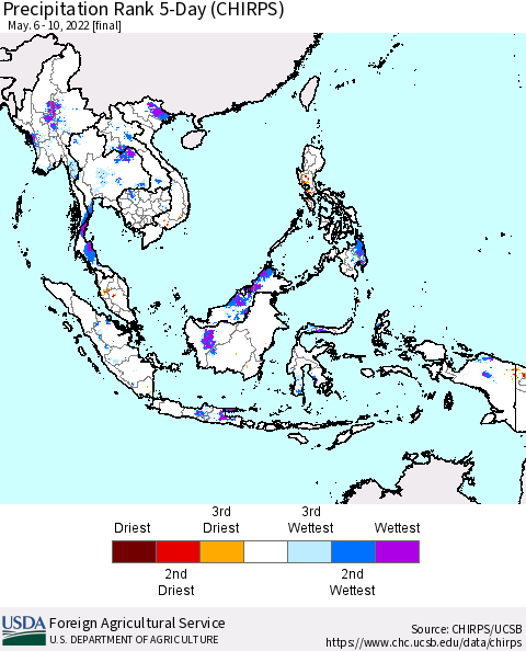 South East Asia Precipitation Rank since 1981, 5-Day (CHIRPS) Thematic Map For 5/6/2022 - 5/10/2022