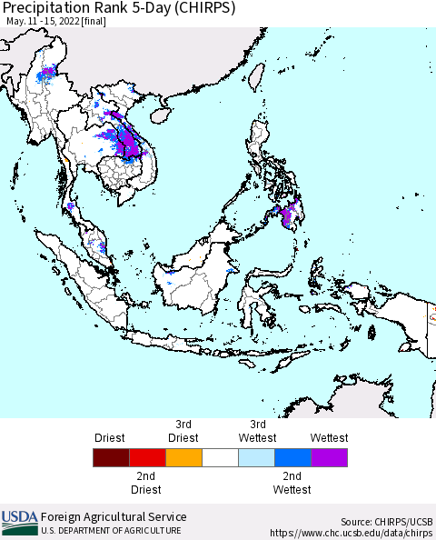 South East Asia Precipitation Rank since 1981, 5-Day (CHIRPS) Thematic Map For 5/11/2022 - 5/15/2022